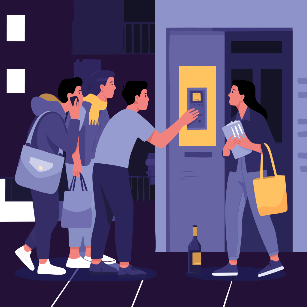 Friends buzzing into a building